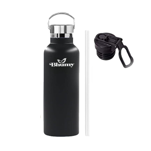 Bhumy Stainless Steel Water Bottles – 22oz Double Wall Stainless Steel Insulated Water Bottle – Water Bottle with Straw and 2 Lids – Leakproof Sports Water Bottle Water for Gym, Office, Travel (BLACK)