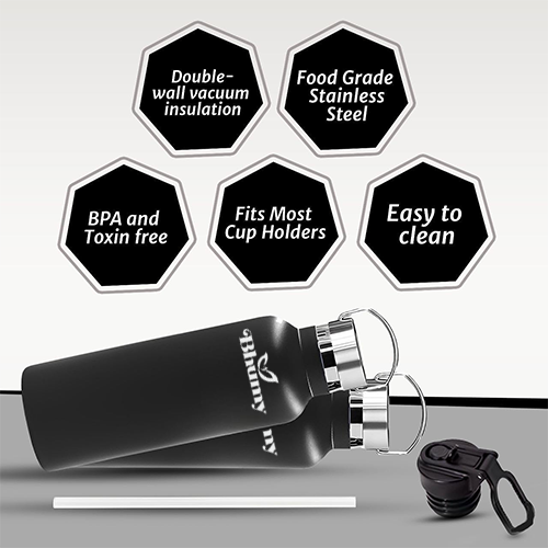 Bhumy Stainless Steel Water Bottles β 22oz Double Wall Stainless Steel Insulated Water Bottle β Water Bottle with Straw and 2 Lids β Leakproof Sports Water Bottle Water for Gym, Office, Travel (BLACK)