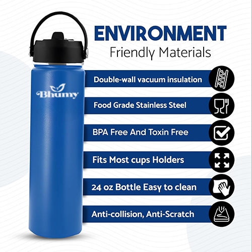 Bhumy Stainless Steel Water Bottles β 24oz Double Wall Stainless Steel Insulated Water Bottle β Water Bottle with Straw and 2 Lids β Leakproof Sports Water Bottle Water for Gym, Office, Travel (ASTROS NAVY BLUE)
