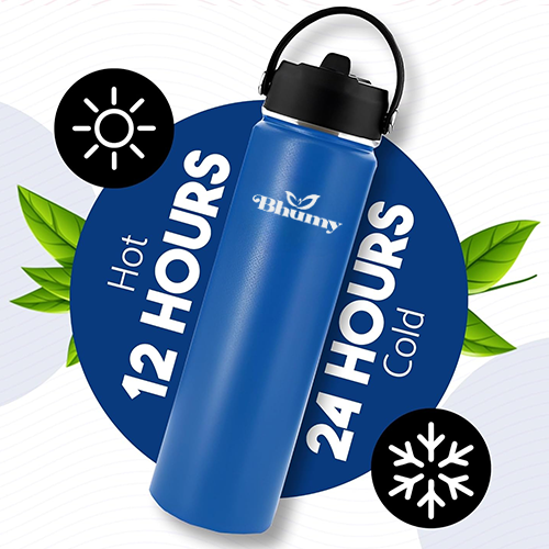 Bhumy Stainless Steel Water Bottles β 24oz Double Wall Stainless Steel Insulated Water Bottle β Water Bottle with Straw and 2 Lids β Leakproof Sports Water Bottle Water for Gym, Office, Travel (ASTROS NAVY BLUE)