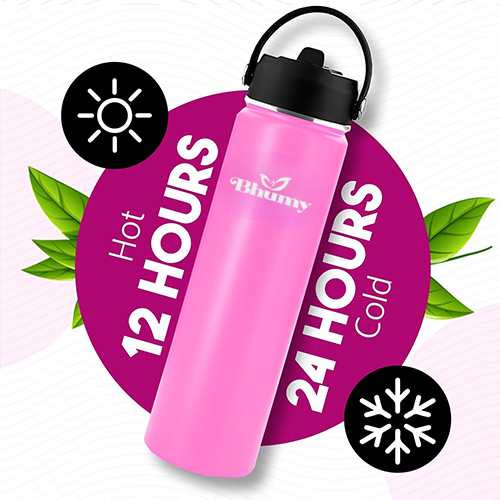 Bhumy Stainless Steel Water Bottles β 24oz Double Wall Stainless Steel Insulated Water Bottle β Water Bottle with Straw and 2 Lids β Leakproof Sports Water Bottle Water for Gym, Office, Travel (DARK PINK)