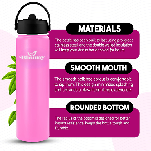 Bhumy Stainless Steel Water Bottles β 24oz Double Wall Stainless Steel Insulated Water Bottle β Water Bottle with Straw and 2 Lids β Leakproof Sports Water Bottle Water for Gym, Office, Travel (DARK PINK)