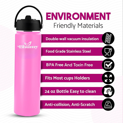 Bhumy Stainless Steel Water Bottles β 24oz Double Wall Stainless Steel Insulated Water Bottle β Water Bottle with Straw and 2 Lids β Leakproof Sports Water Bottle Water for Gym, Office, Travel (DARK PINK)