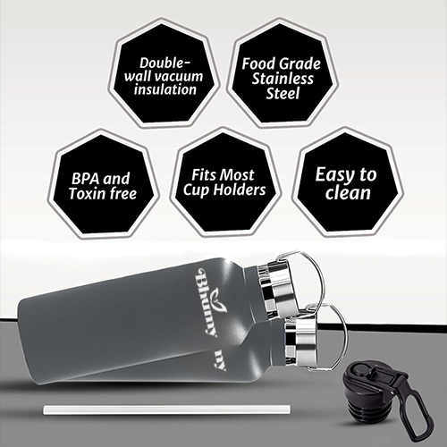 Bhumy Stainless Steel Water Bottles β 22oz Double Wall Stainless Steel Insulated Water Bottle β Water Bottle with Straw and 2 Lids β Leakproof Sports Water Bottle Water for Gym, Office, Travel (GREY)