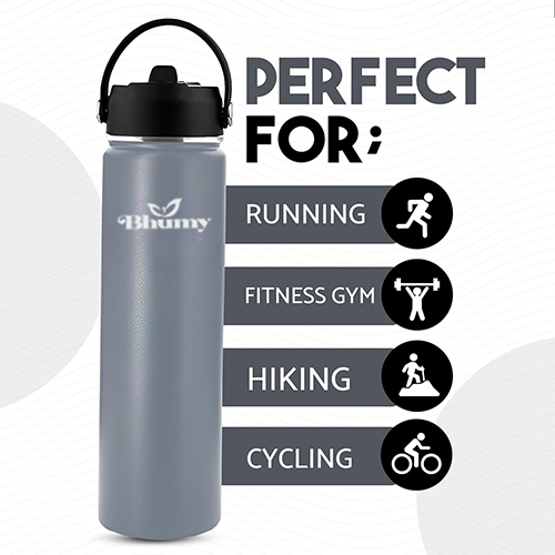 Bhumy Stainless Steel Water Bottles β 24oz Double Wall Stainless Steel Insulated Water Bottle β Water Bottle with Straw and 2 Lids β Leakproof Sports Water Bottle Water for Gym, Office, Travel (GREY)
