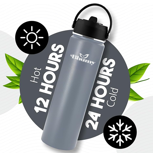 Bhumy Stainless Steel Water Bottles β 24oz Double Wall Stainless Steel Insulated Water Bottle β Water Bottle with Straw and 2 Lids β Leakproof Sports Water Bottle Water for Gym, Office, Travel (GREY)