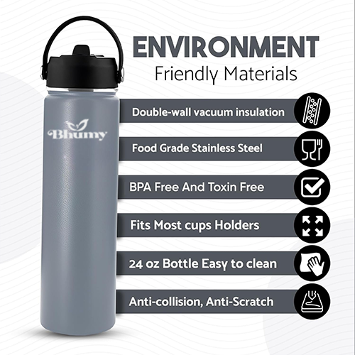 Bhumy Stainless Steel Water Bottles β 24oz Double Wall Stainless Steel Insulated Water Bottle β Water Bottle with Straw and 2 Lids β Leakproof Sports Water Bottle Water for Gym, Office, Travel (GREY)