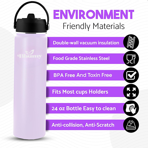 Bhumy Stainless Steel Water Bottles β 24oz Double Wall Stainless Steel Insulated Water Bottle β Water Bottle with Straw and 2 Lids β Leakproof Sports Water Bottle Water for Gym, Office, Travel (LIGHT PINK)