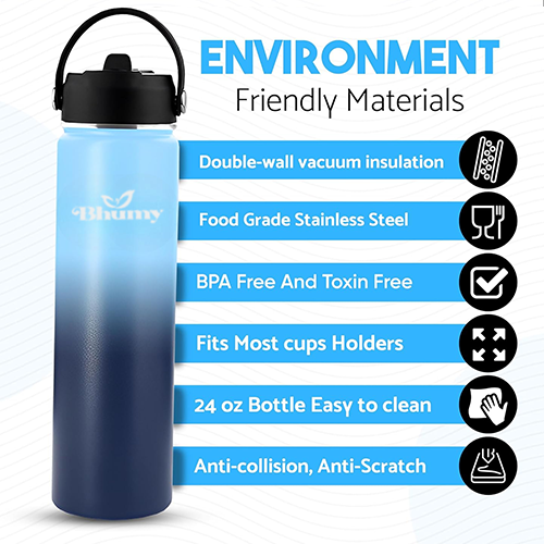 Bhumy Stainless Steel Water Bottles β 24oz Double Wall Stainless Steel Insulated Water Bottle β Water Bottle with Straw and 2 Lids β Leakproof Sports Water Bottle Water for Gym, Office, Travel (MIX COLOR)