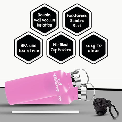 Bhumy Stainless Steel Water Bottles β 22oz Double Wall Stainless Steel Insulated Water Bottle β Water Bottle with Straw and 2 Lids β Leakproof Sports Water Bottle Water for Gym, Office, Travel (DARK PINK)