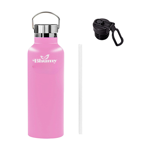 Bhumy Stainless Steel Water Bottles – 22oz Double Wall Stainless Steel Insulated Water Bottle – Water Bottle with Straw and 2 Lids – Leakproof Sports Water Bottle Water for Gym, Office, Travel (DARK PINK)