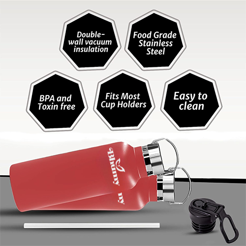 Bhumy Stainless Steel Water Bottles β 22oz Double Wall Stainless Steel Insulated Water Bottle β Water Bottle with Straw and 2 Lids β Leakproof Sports Water Bottle Water for Gym, Office, Travel (RED)