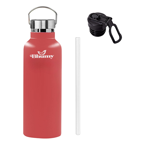 Bhumy Stainless Steel Water Bottles – 22oz Double Wall Stainless Steel Insulated Water Bottle – Water Bottle with Straw and 2 Lids – Leakproof Sports Water Bottle Water for Gym, Office, Travel (RED)