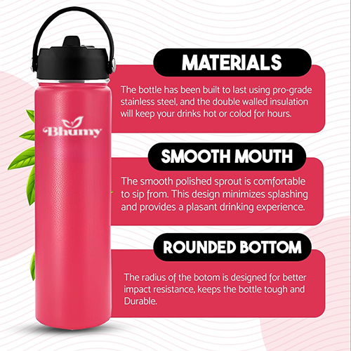 Bhumy Stainless Steel Water Bottles β 24oz Double Wall Stainless Steel Insulated Water Bottle β Water Bottle with Straw and 2 Lids β Leakproof Sports Water Bottle Water for Gym, Office, Travel (RED)