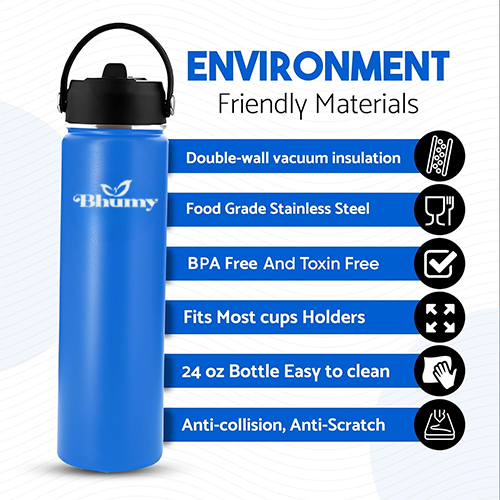 Bhumy Stainless Steel Water Bottles β 24oz Double Wall Stainless Steel Insulated Water Bottle β Water Bottle with Straw and 2 Lids β Leakproof Sports Water Bottle Water for Gym, Office, Travel (VIOLET BLUE)