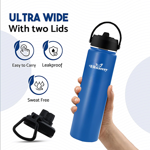 Bhumy Stainless Steel Water Bottles – 24oz Double Wall Stainless Steel Insulated Water Bottle – Water Bottle with Straw and 2 Lids – Leakproof Sports Water Bottle Water for Gym, Office, Travel (ASTROS NAVY BLUE)
