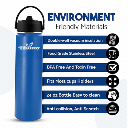 Bhumy Stainless Steel Water Bottles – 24oz Double Wall Stainless Steel Insulated Water Bottle – Water Bottle with Straw and 2 Lids – Leakproof Sports Water Bottle Water for Gym, Office, Travel (ASTROS NAVY BLUE)