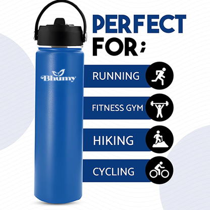 Bhumy Stainless Steel Water Bottles – 24oz Double Wall Stainless Steel Insulated Water Bottle – Water Bottle with Straw and 2 Lids – Leakproof Sports Water Bottle Water for Gym, Office, Travel (ASTROS NAVY BLUE)