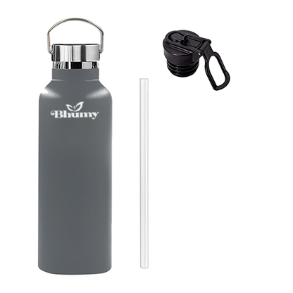 Bhumy Stainless Steel Water Bottles – 22oz Double Wall Stainless Steel Insulated Water Bottle – Water Bottle with Straw and 2 Lids – Leakproof Sports Water Bottle Water for Gym, Office, Travel (GREY)