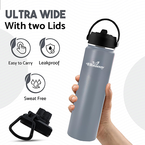 Bhumy Stainless Steel Water Bottles – 24oz Double Wall Stainless Steel Insulated Water Bottle – Water Bottle with Straw and 2 Lids – Leakproof Sports Water Bottle Water for Gym, Office, Travel (GREY)