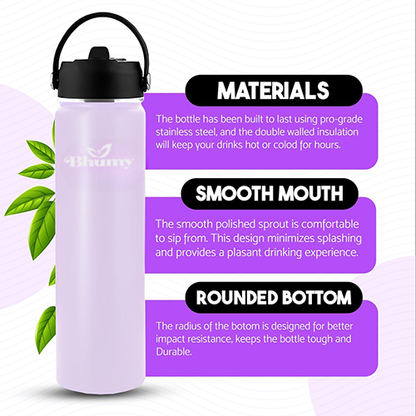 Bhumy Stainless Steel Water Bottles – 24oz Double Wall Stainless Steel Insulated Water Bottle – Water Bottle with Straw and 2 Lids – Leakproof Sports Water Bottle Water for Gym, Office, Travel (LIGHT PINK)