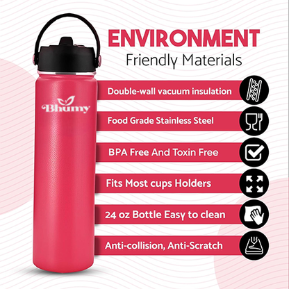 Bhumy Stainless Steel Water Bottles – 24oz Double Wall Stainless Steel Insulated Water Bottle – Water Bottle with Straw and 2 Lids – Leakproof Sports Water Bottle Water for Gym, Office, Travel (RED)