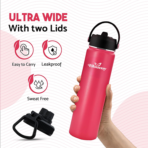 Bhumy Stainless Steel Water Bottles – 24oz Double Wall Stainless Steel Insulated Water Bottle – Water Bottle with Straw and 2 Lids – Leakproof Sports Water Bottle Water for Gym, Office, Travel (RED)