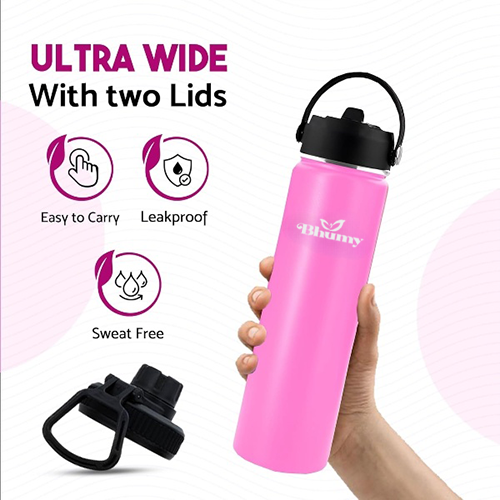 Bhumy Stainless Steel Water Bottles – 24oz Double Wall Stainless Steel Insulated Water Bottle – Water Bottle with Straw and 2 Lids – Leakproof Sports Water Bottle Water for Gym, Office, Travel (DARK PINK)
